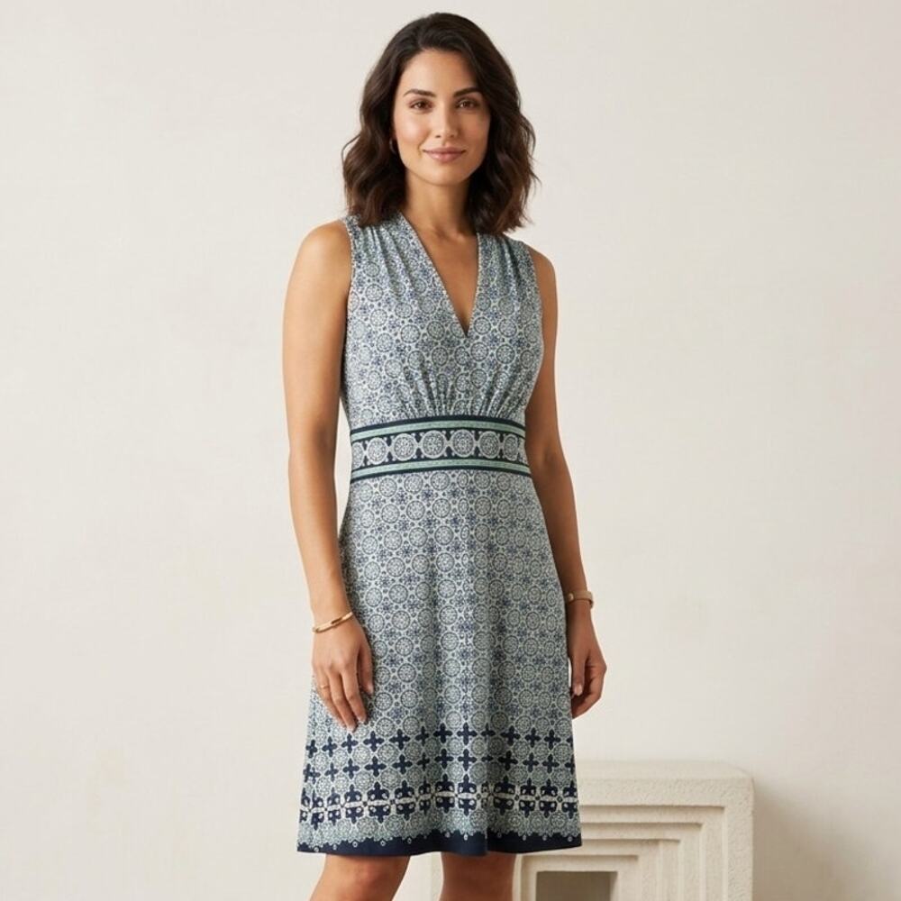Max Studio Jersey Halter Dress Womens XL Blue Green Geo Print Sleeveless Midi - Picture 11 of 11